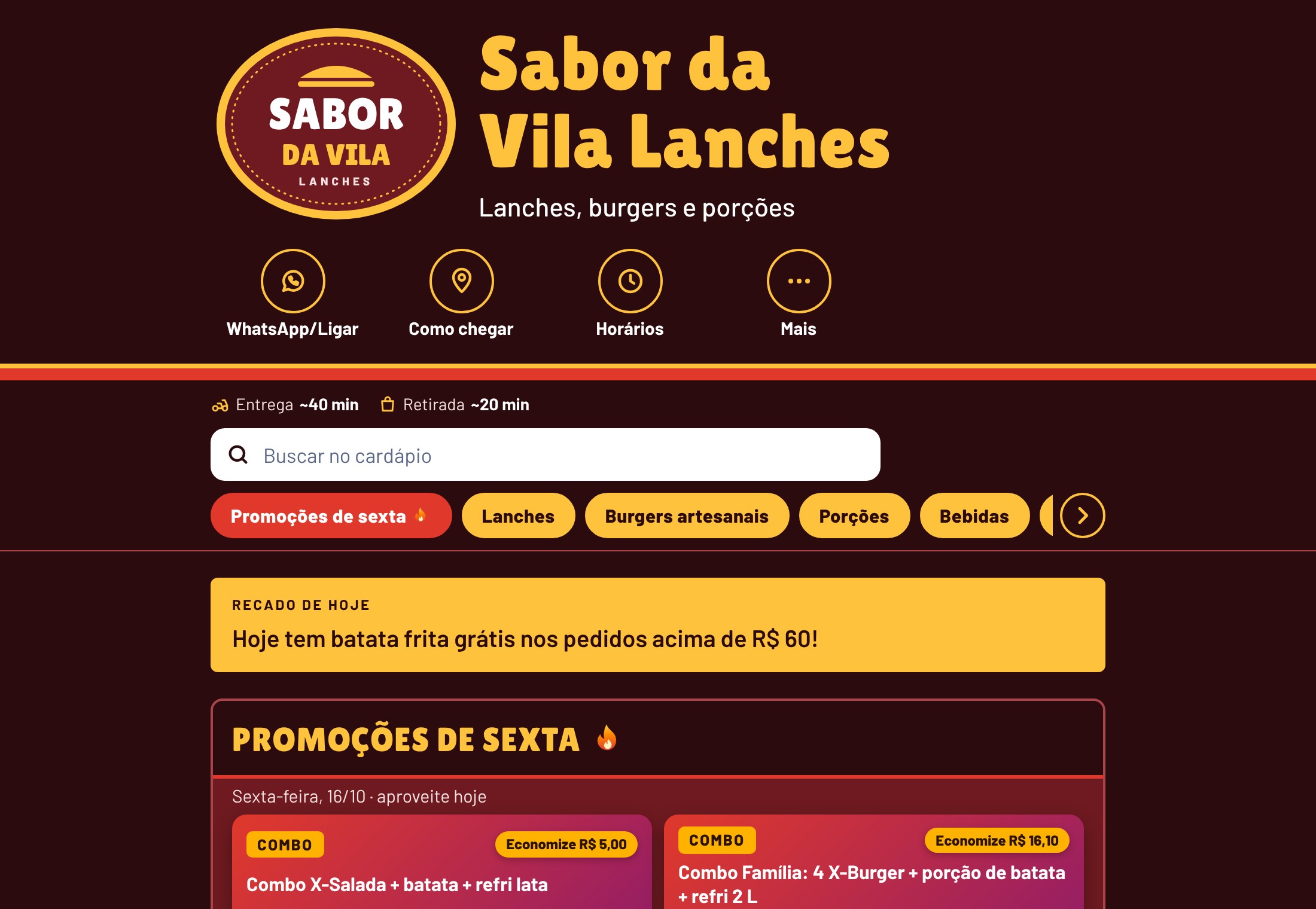 Site do cardápio de exemplo, com logo, atalhos, recado do dia e promoções